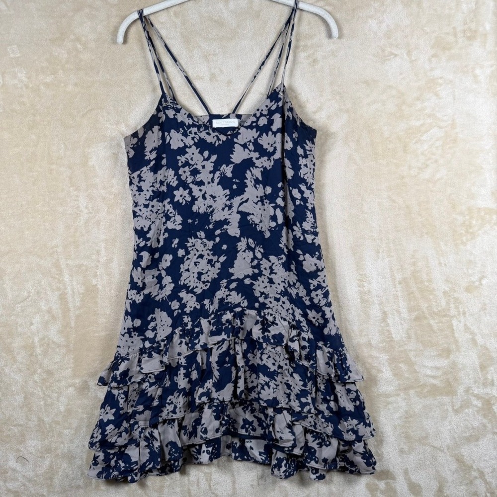 Ramy Brook 100% Silk Women M Navy Blue Grey Floral‎ Tiered Ruffle Mini Dress